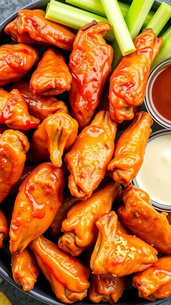 Crispy Air Fryer Chicken Wings: 3 Delicious Variations A colorful assortment of air fryer chicken wings: buffalo, honey garlic, and lemon pepper, served with celery and sauces.
